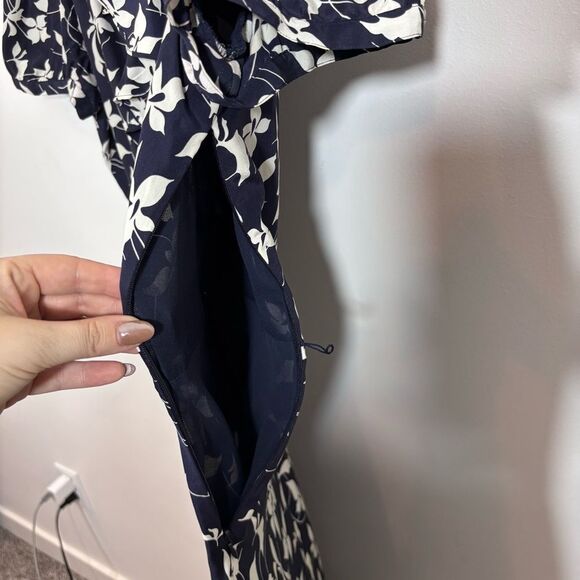 Lauren Ralph Lauren Silk Navy Floral Ruffle Short Sleeve Midi Dress Size 16 - Picture 7 of 12